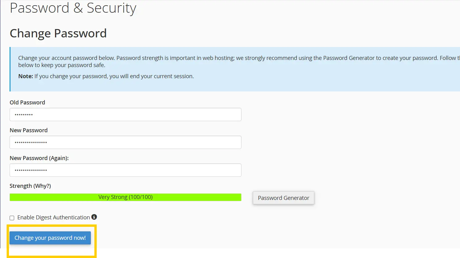 cPanel password change